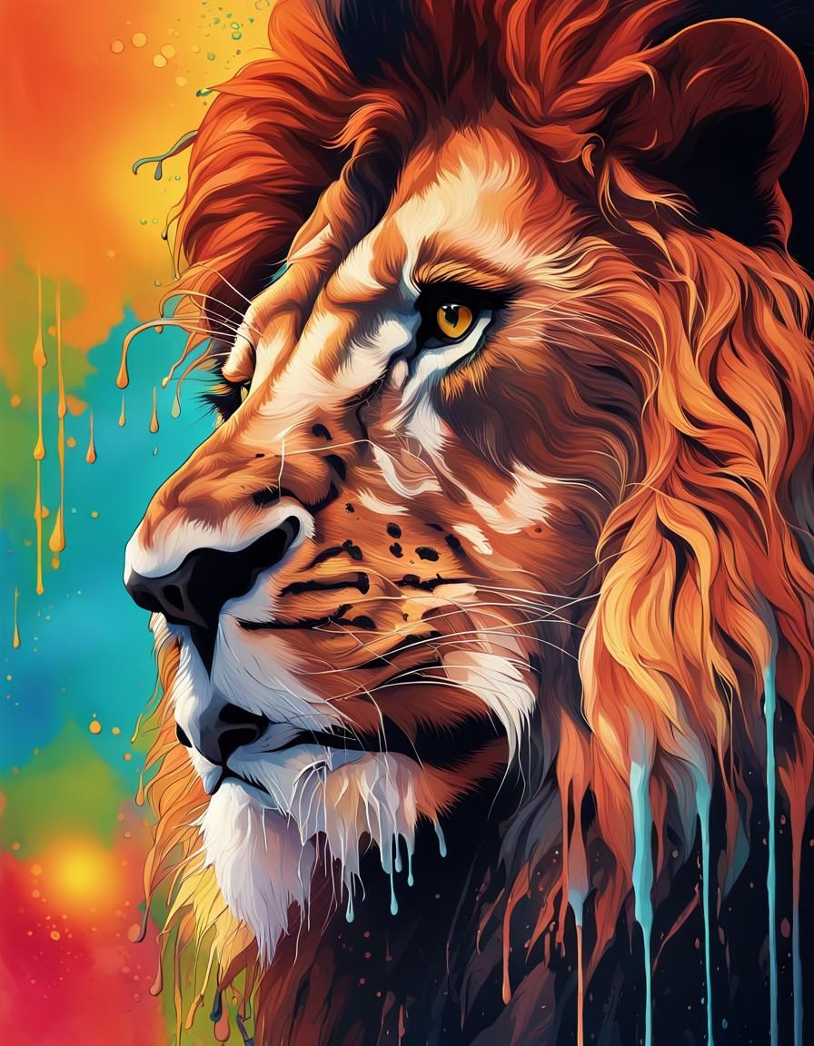 Head of a male lion with a dripping paint background