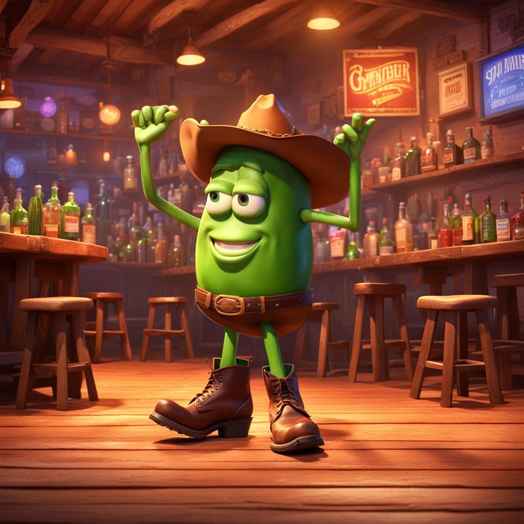 Pickle Line Dancing in Southern Bar, 3D Pixar Style