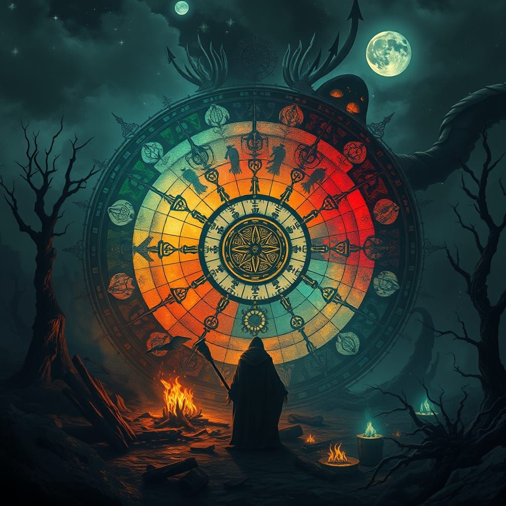 Baltic Mythology Ritual Year Calendar in Vibrant, Dark Fanta...