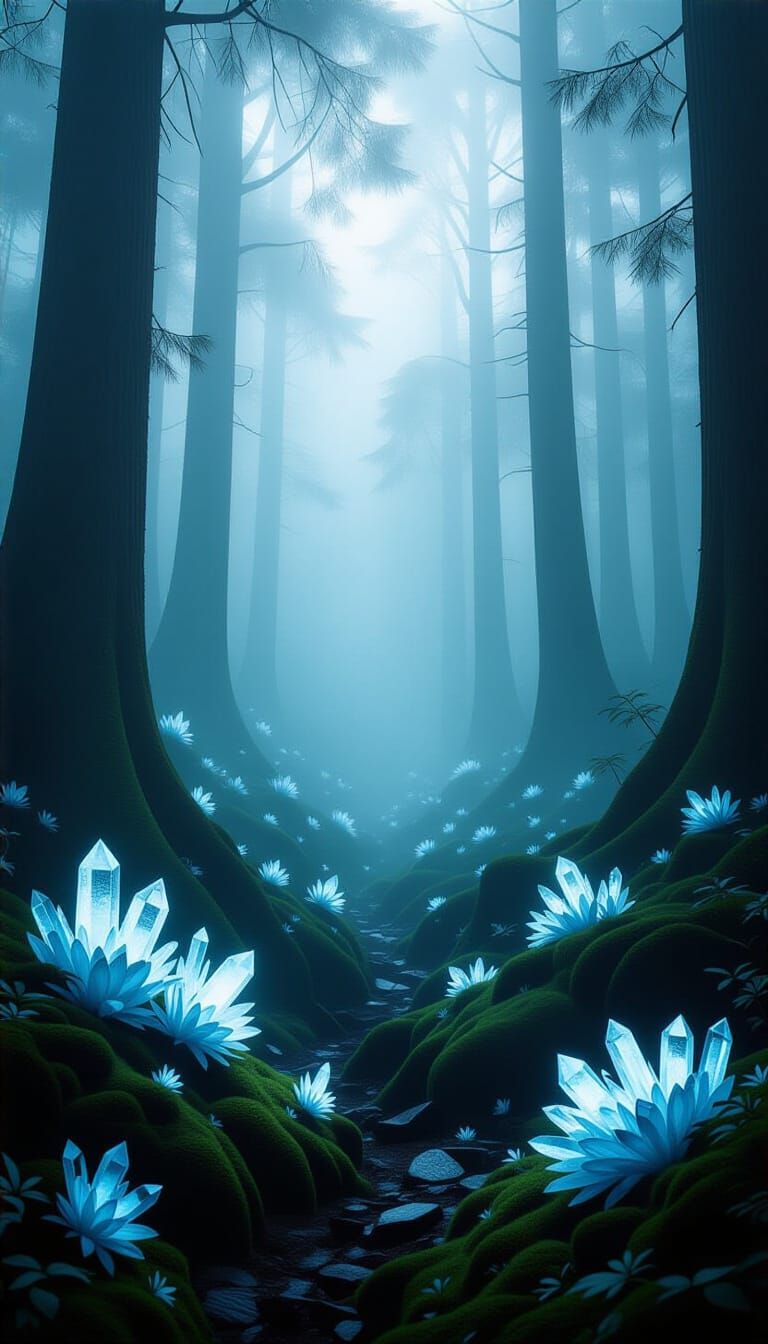 Mysterious Forest with Crystalline Flora in Ethereal Fog