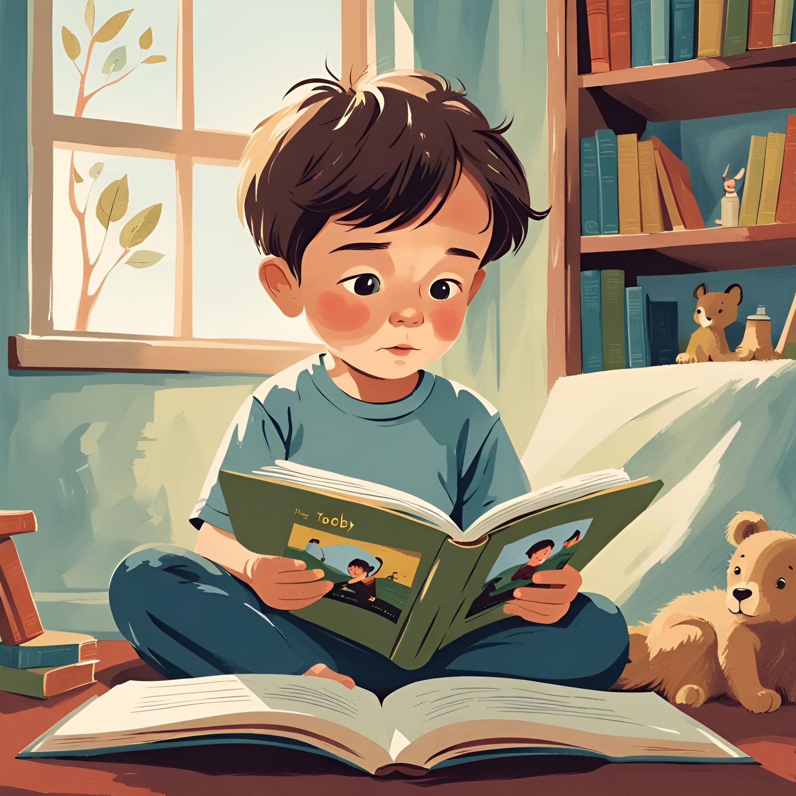 Child Reading Book in Lithograph Style