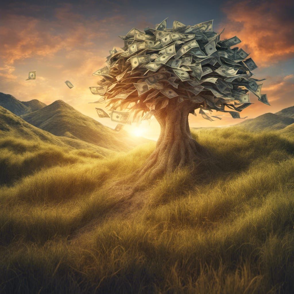 Money Tree with Dollar Bills at Sunset