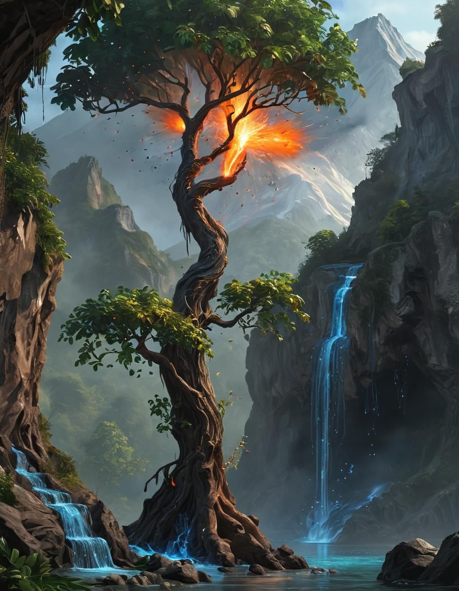 Jeweled Tree Near Waterfall: A Fantasy Oil Painting
