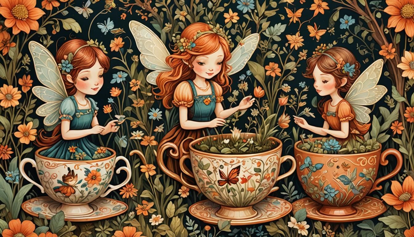 Fairies Tend Garden in Teacup, Folk Art Illustration