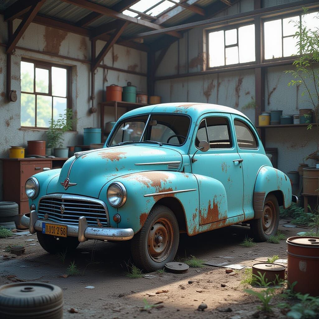 Abandoned 1950 Renault 4CV in Dusty Workshop