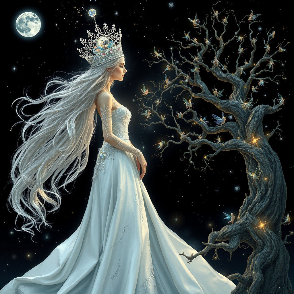 Mystical Woman with Crystal Hat Under Starry Sky