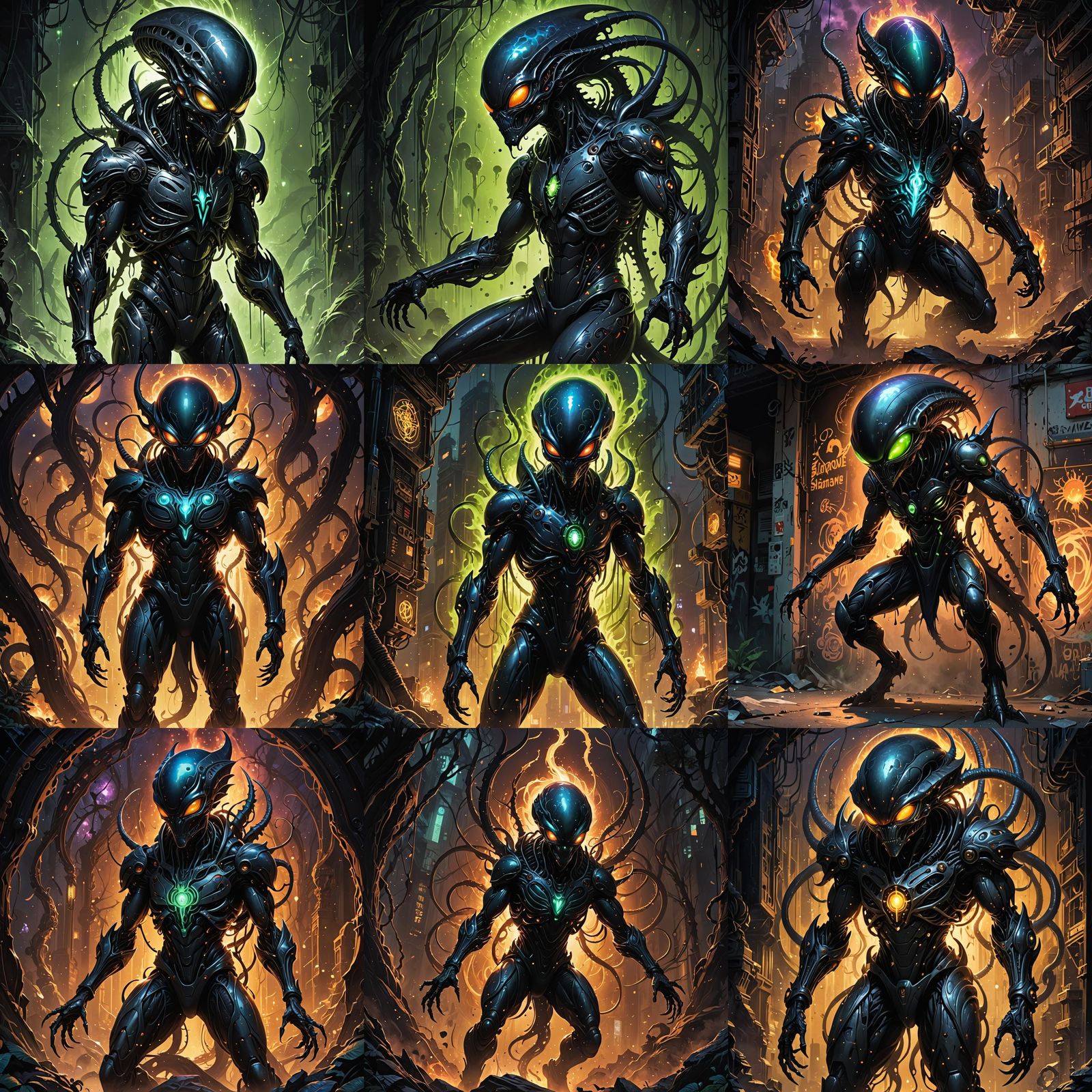 Shadow Alien with Arcane Symbols in Anime Style