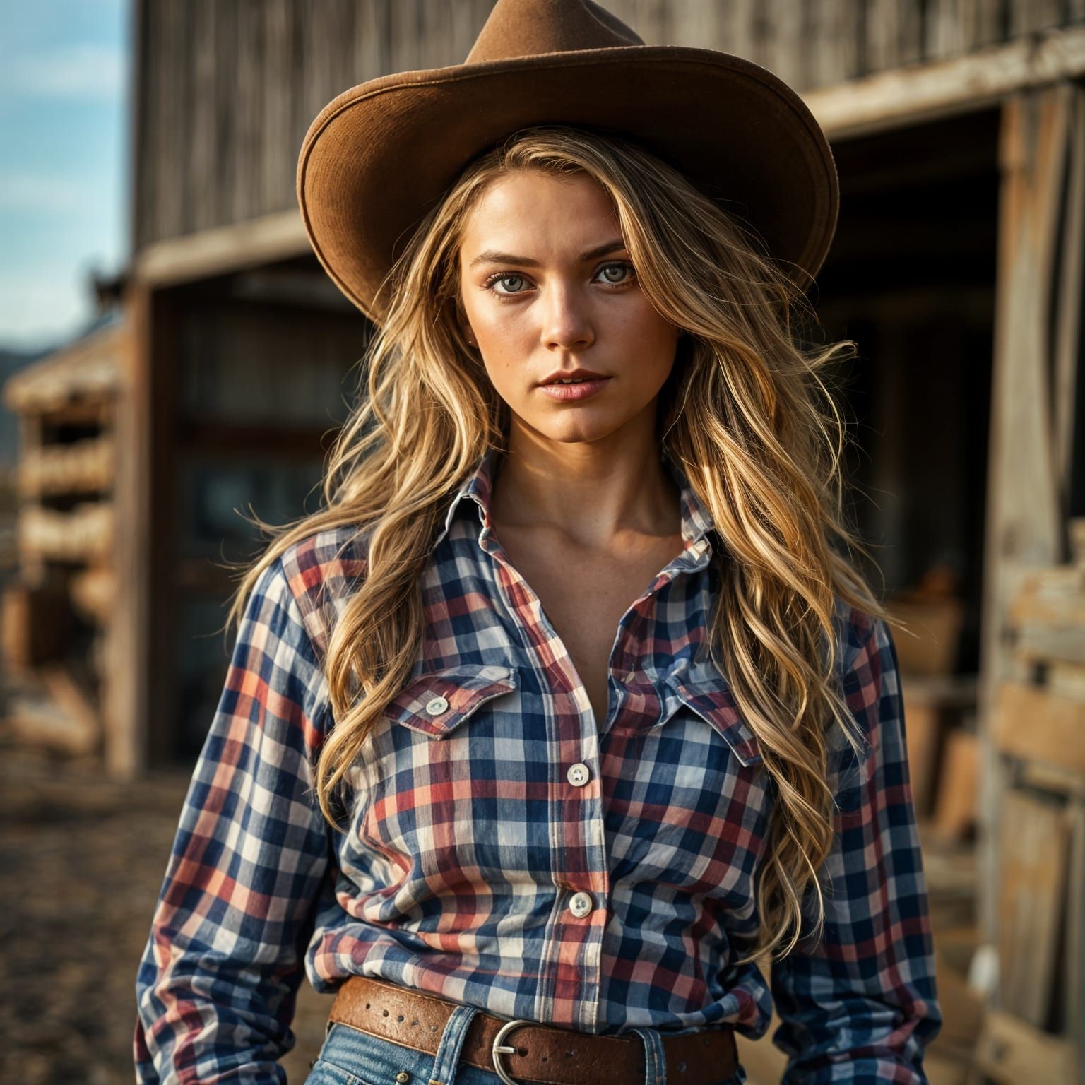Cowgirl in Elegant Gingham Attire
