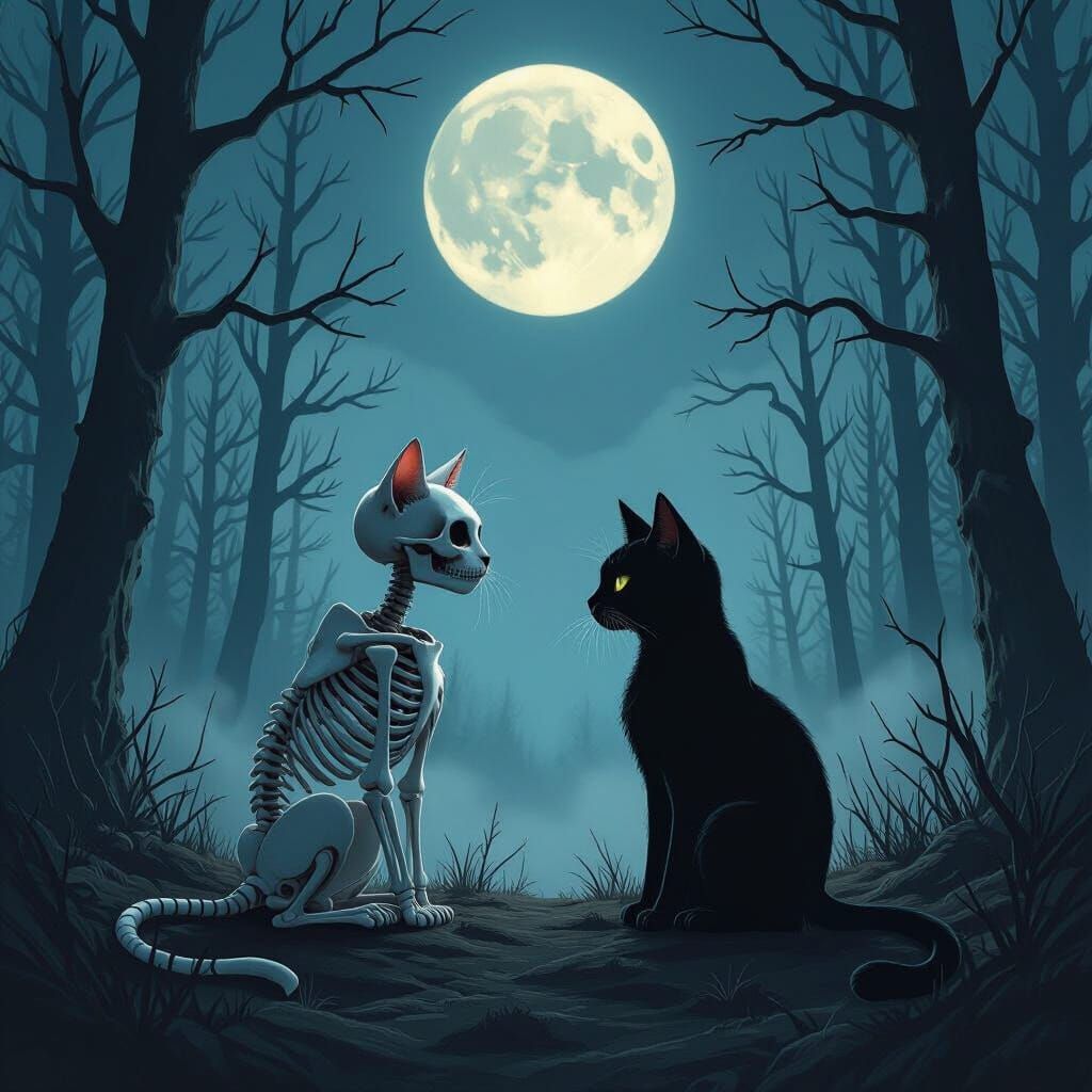 Skeleton Cat & Black Cat in Moonlit Foggy Forest