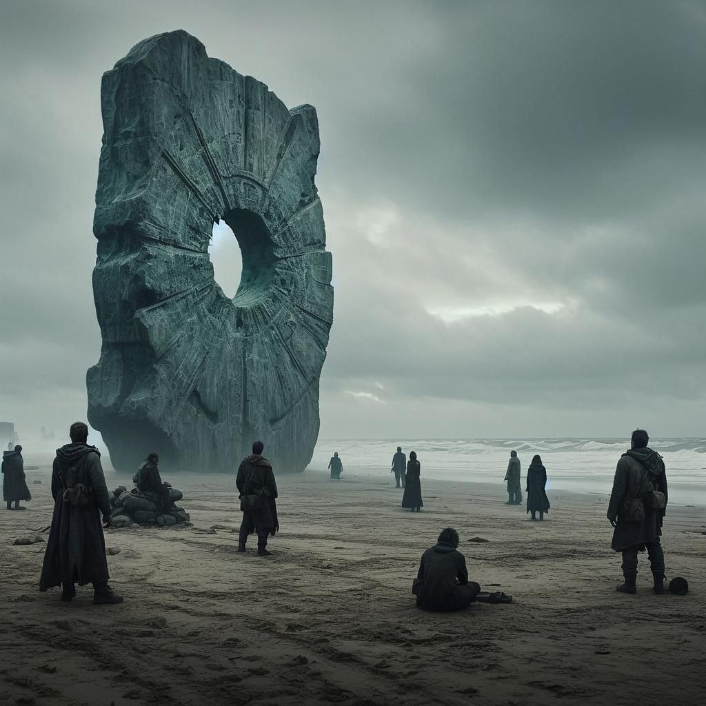 Worn Jade Monolith on Barren Post-Apocalyptic Beach