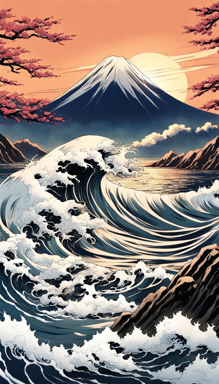 Japanese Style Landscape with Sun, Mountains, and Waves