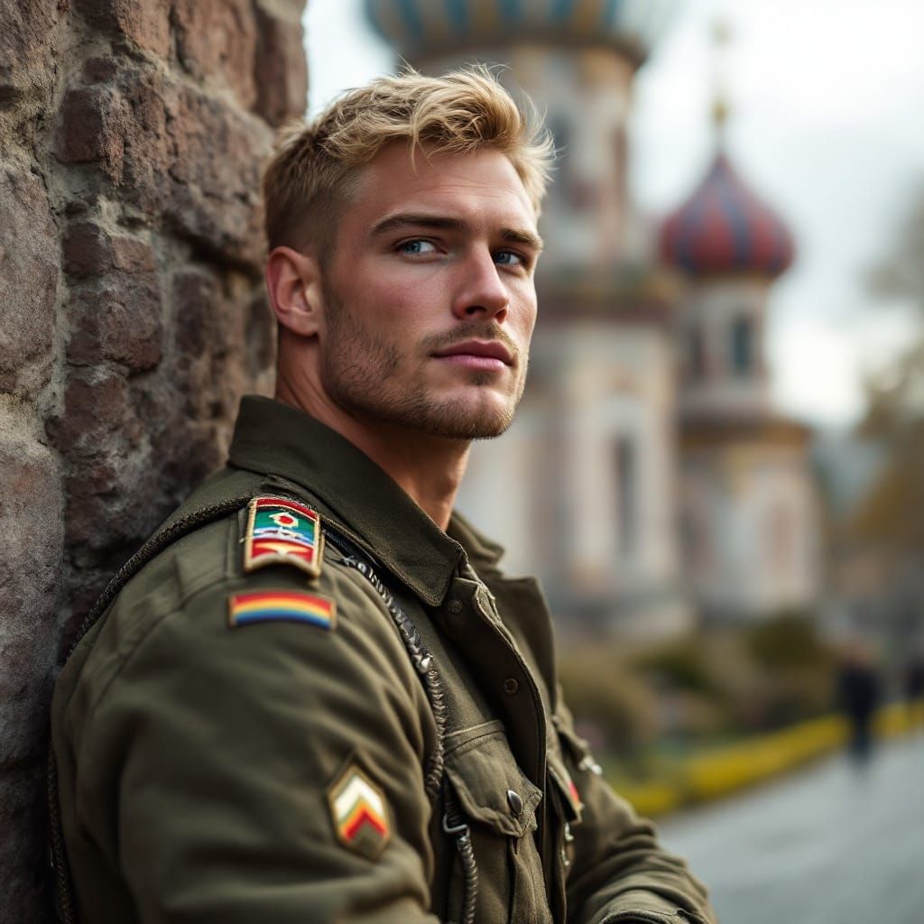 Handsome Russian Soldier in Rainbow Attire in Front of Saint...