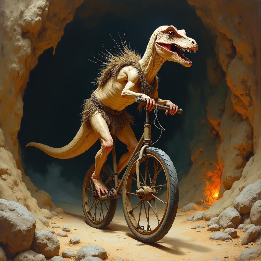 Velociraptor Rides Unicycle: Prehistoric Cave Painting Style
