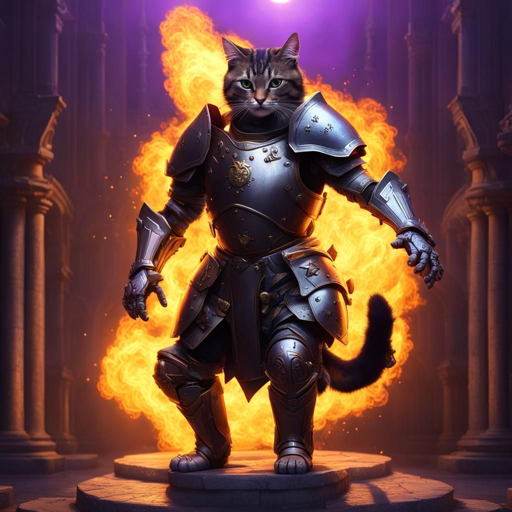 Armored Cat Wielding Fireball in Dark Fantasy Style
