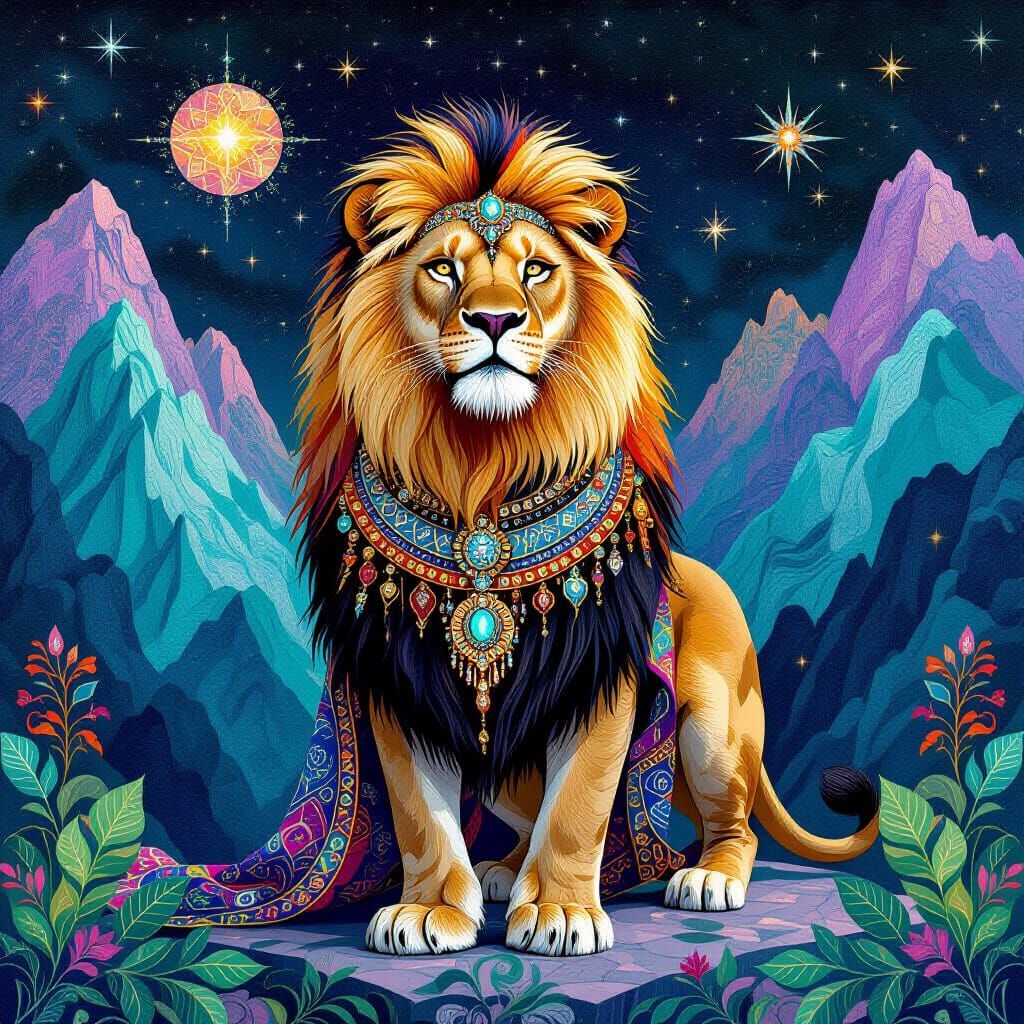 Ornate Lion in Puma Punku, Psychedelic Art Nouveau