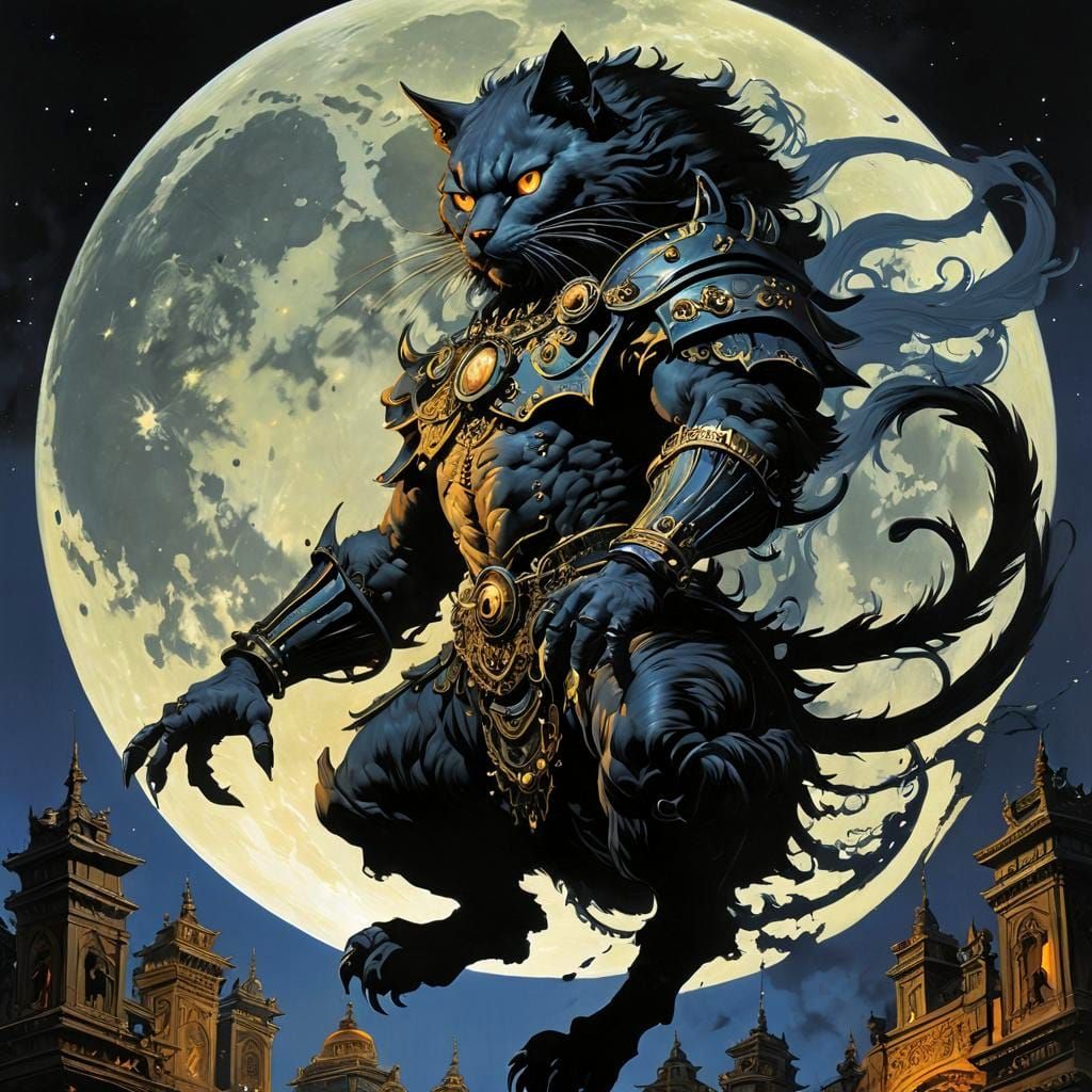 Clockwork Cat Golem Leaps in Surreal Fantasy Art