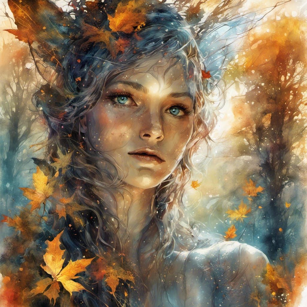 Glimmering Autumn Enchantress in Watercolor Style