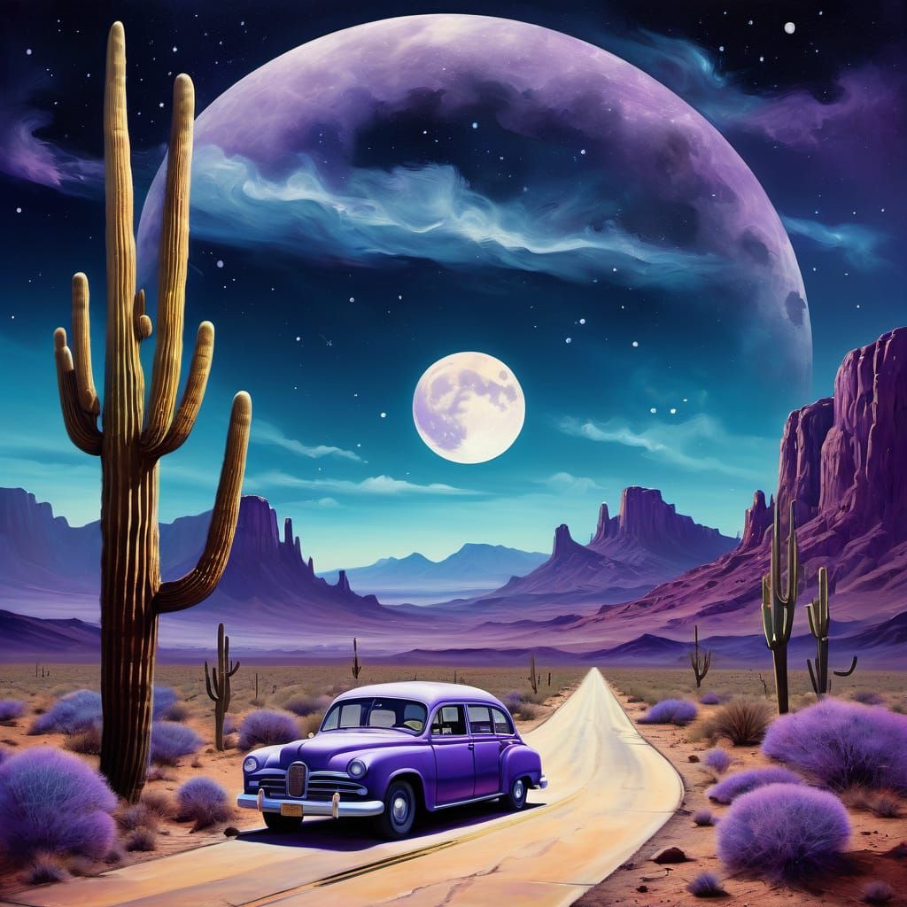 Surreal Desert Highway Collage with Vintage Buses and Cosmic...
