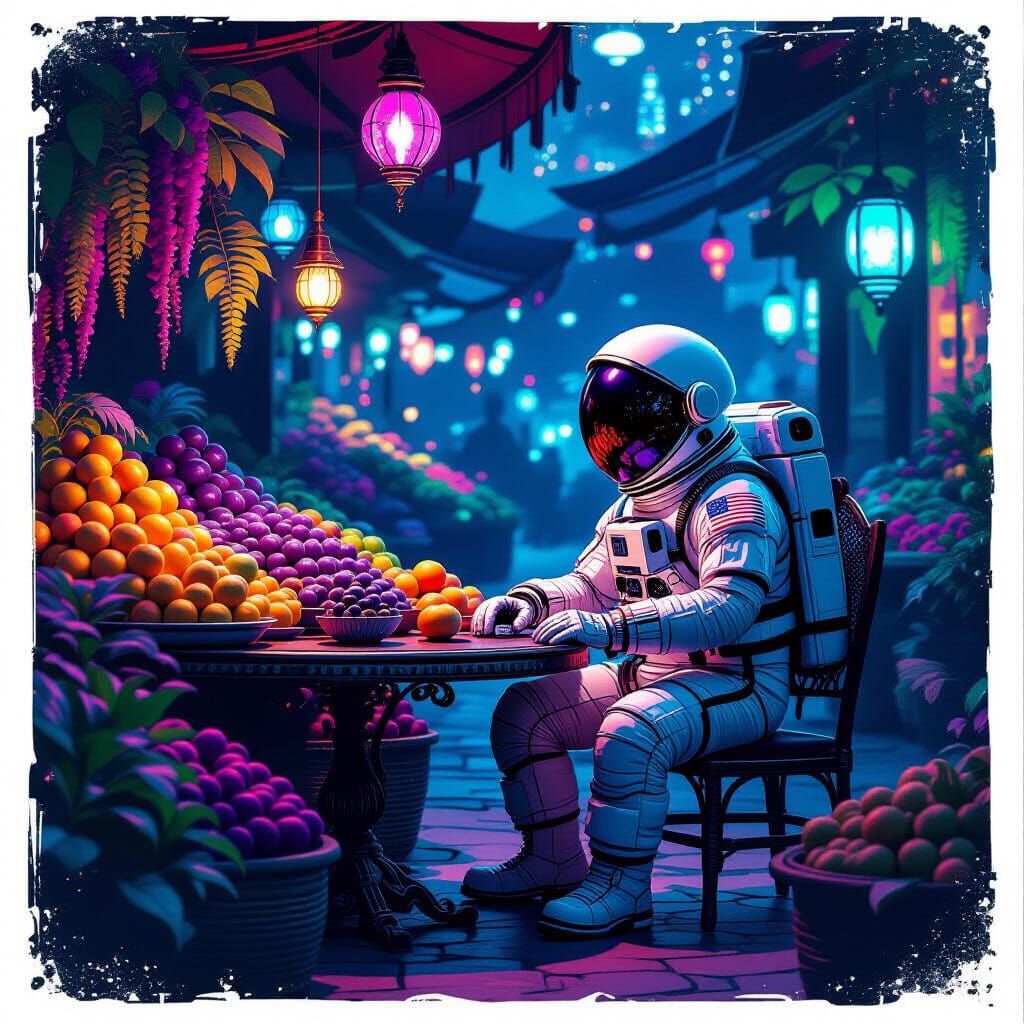 Astronaut in Alien Market with Glowing Fruits