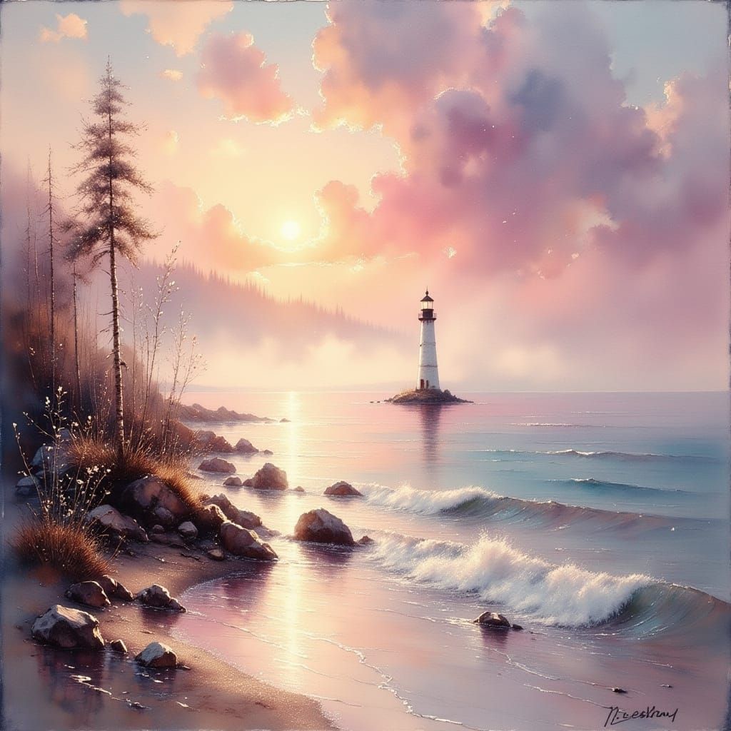 Dawn Seascape with Lighthouse in Impressionistic Style
