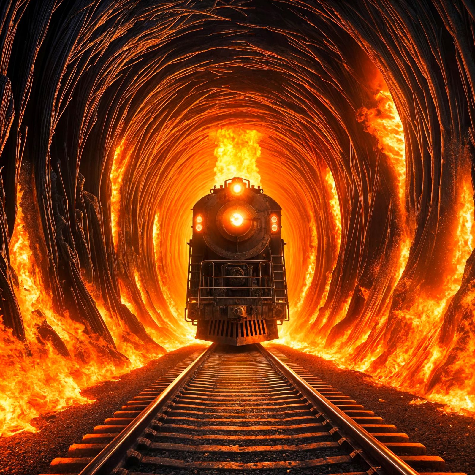 Intimidating Black Train Emerges from Fiery Tunnel