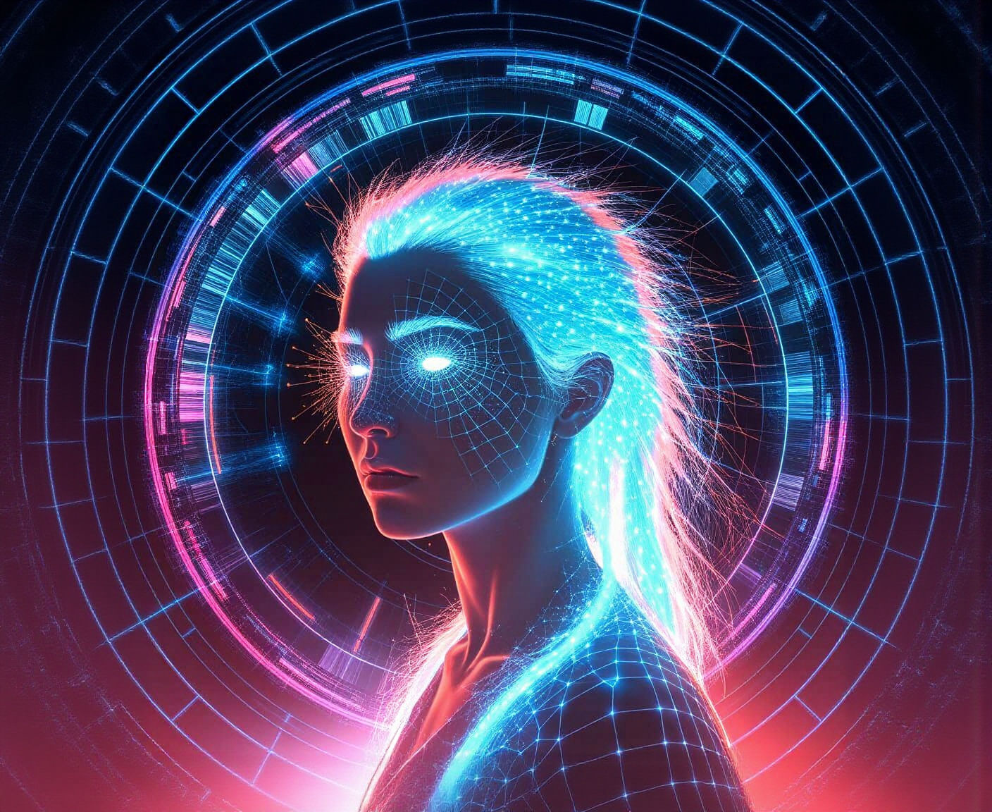 Bioluminescent Woman with Digital Glitch Art