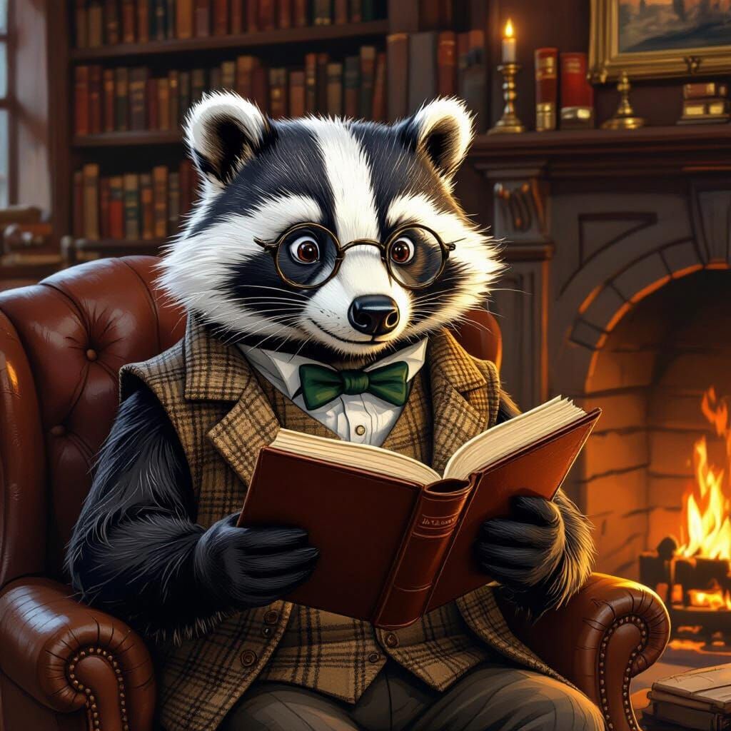 Badger Reading by Fireplace in Storybook Style