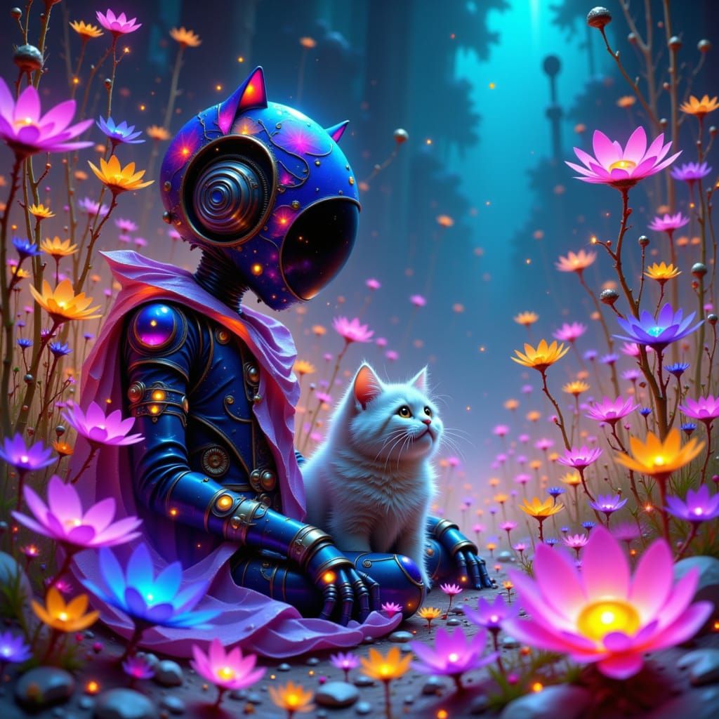 Cosmic Robot and Kitty in Glowing Flower Field