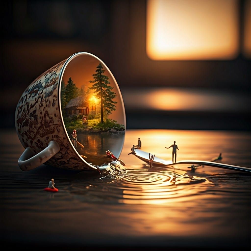 Miniature Figurines Lakeside Teacup Scene, Photorealistic Di...