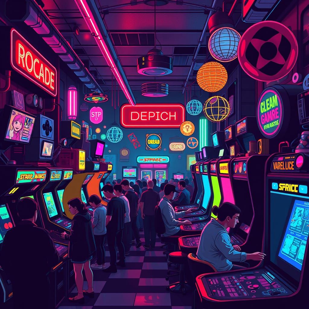 Retro-Futuristic Video Arcade Bustling with Players