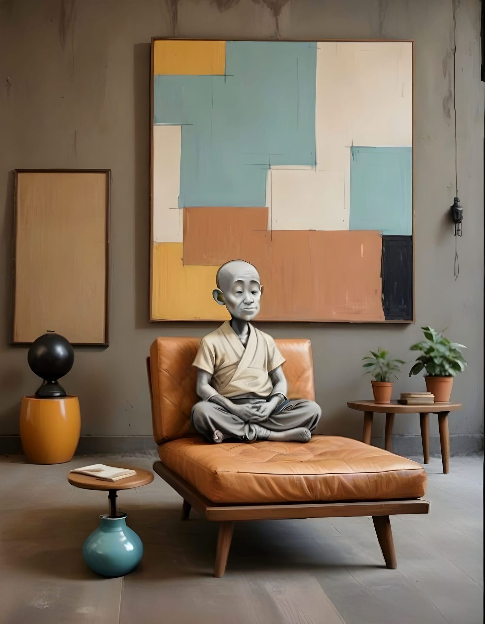 Ink-Drawn Monk in a Cozy Early 20th Century Living Room