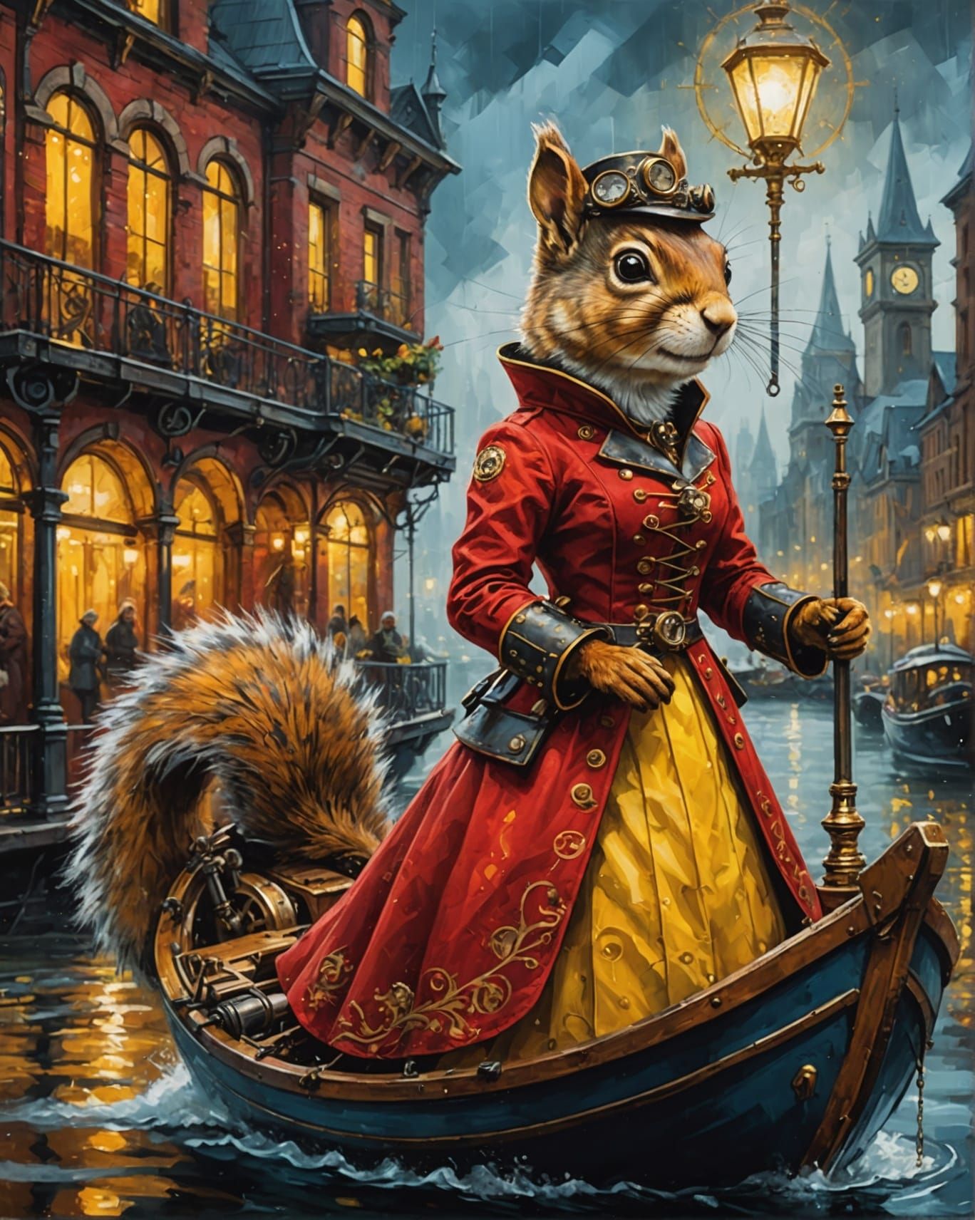 Steampunk Squirrel Drives a Boat in Oil Painting Style
