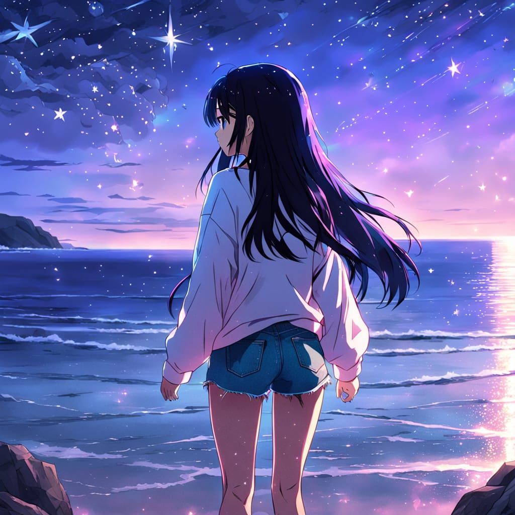 Teen Girl Gazing at Starry Sky: Anime Wallpaper