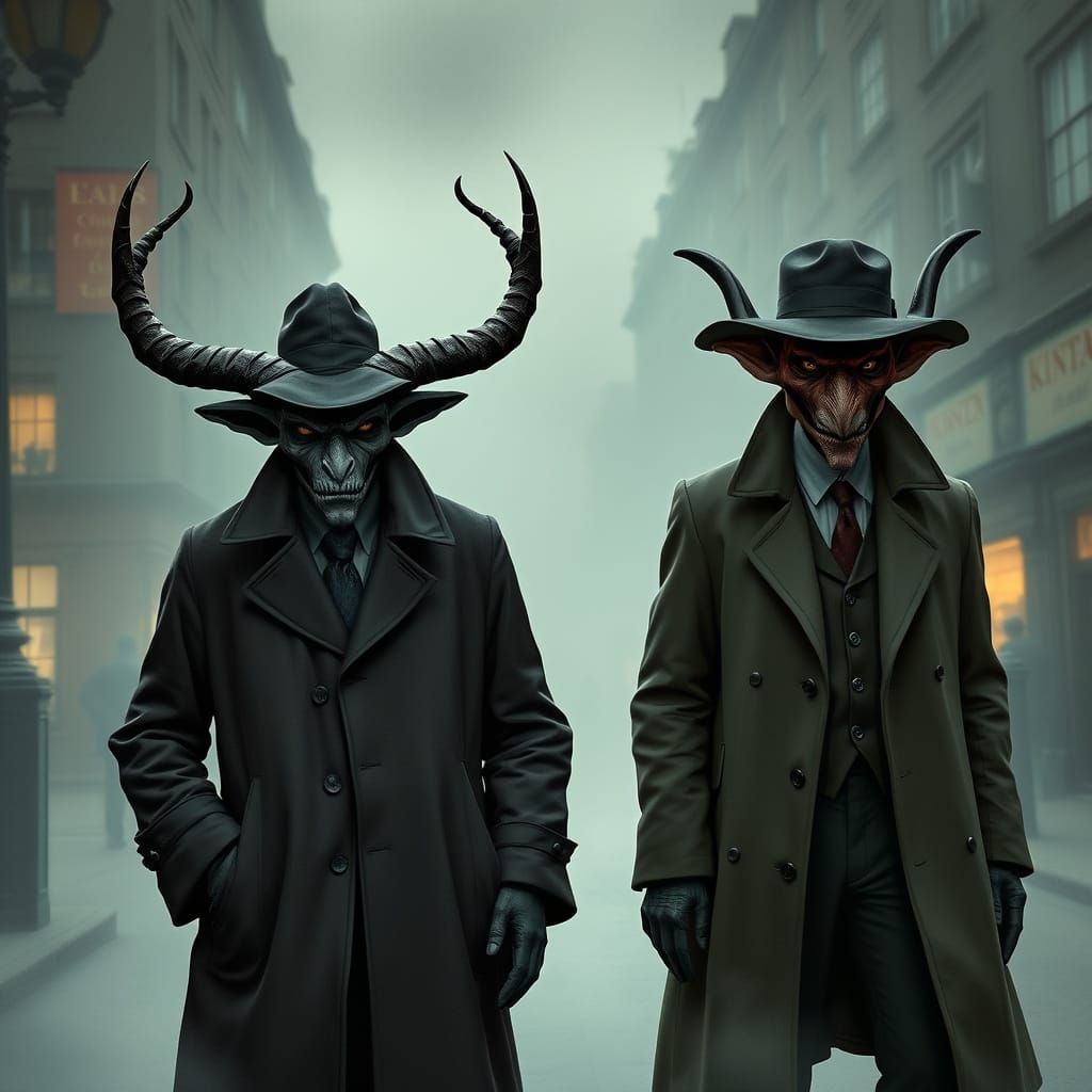 Krampus and Mothman as Sherlock Holmes in Retro-Futuristic S...