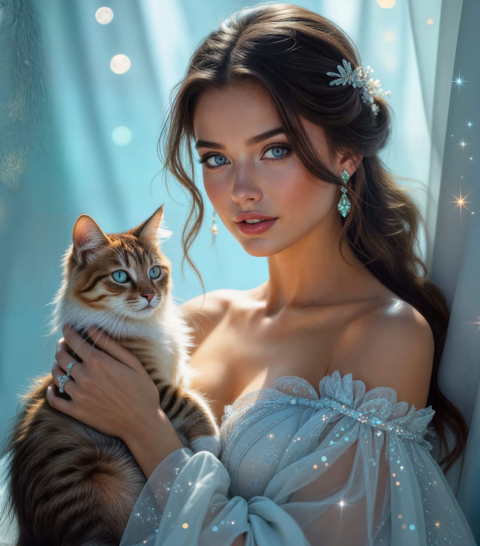 Woman with Cat in Starlight Gown: Hyperrealistic Art
