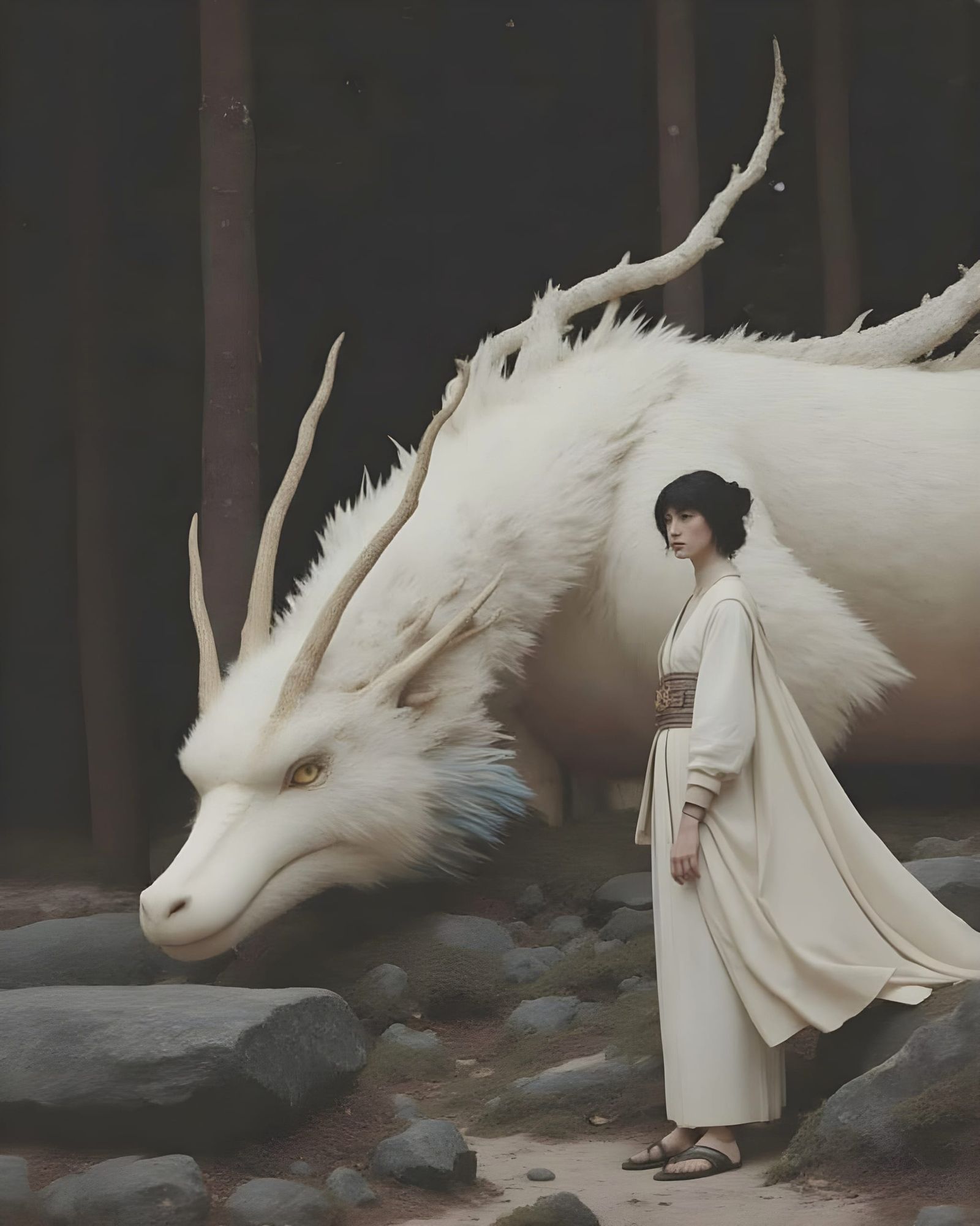 Japanese Dragon and Woman in Enchanted Forest