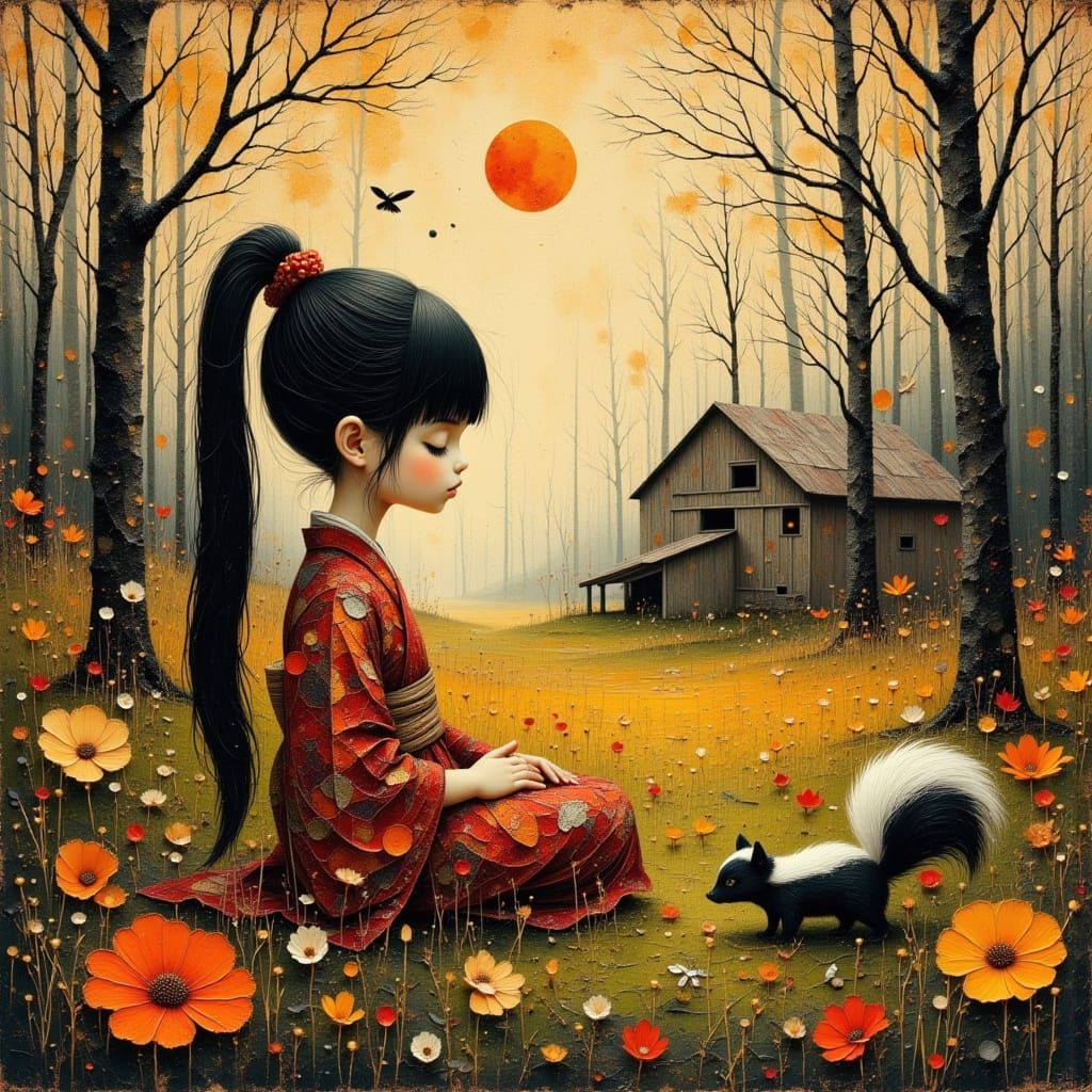 Meditating Girl and Skunk in Enchanted Forest
