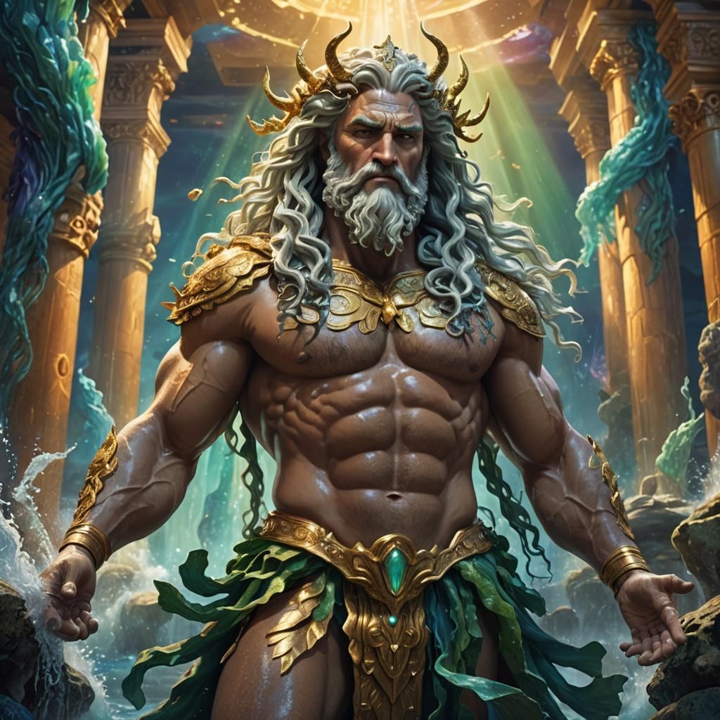 Poseidon in Atlantis Hyperrealistic, splash art, concept art...