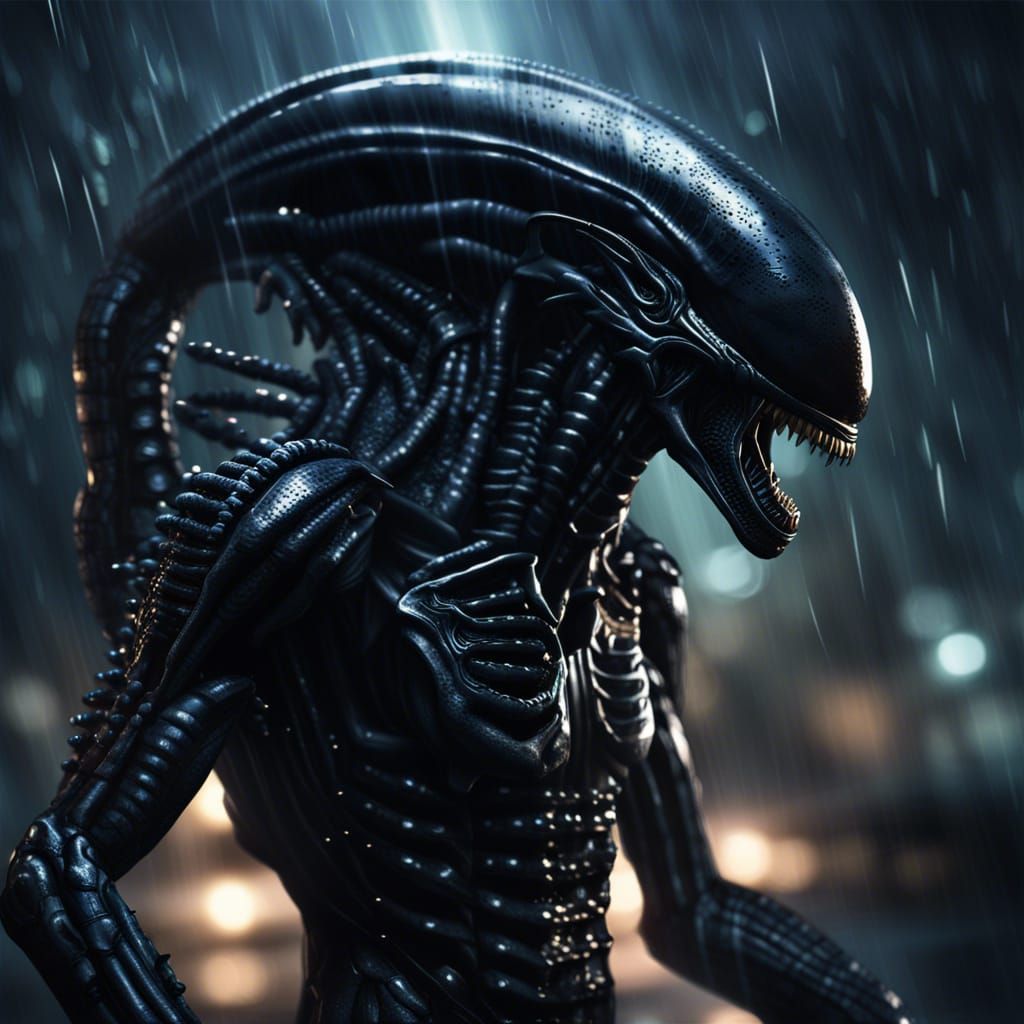 Detailed Xenomorph Alien in Stygian Thunderstorm