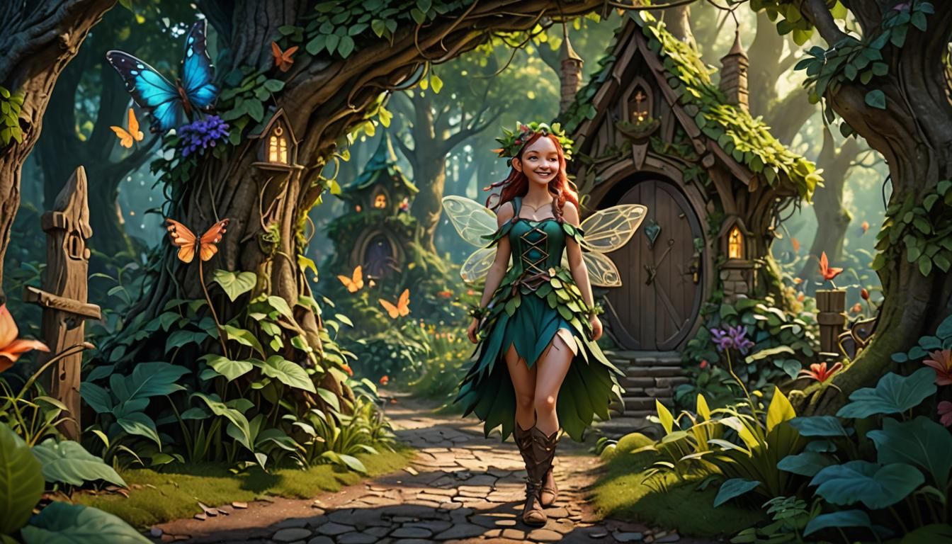 Smiling Fairy Girl at Forest Village Entrance