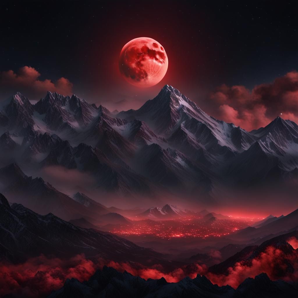 Majestic Red Moon Rising: Cinematic Digital Painting