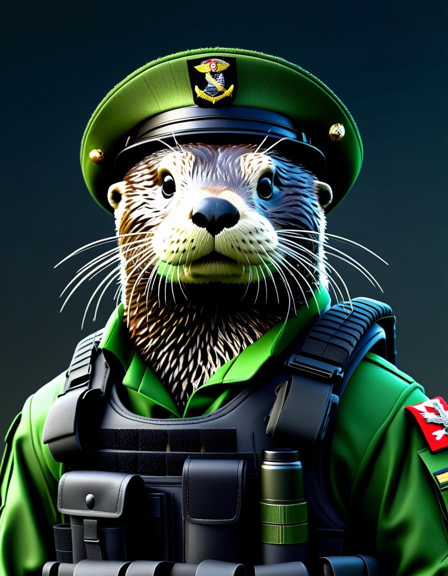 Photorealistic Sea Otter in Army Comando Uniform and Tactica...
