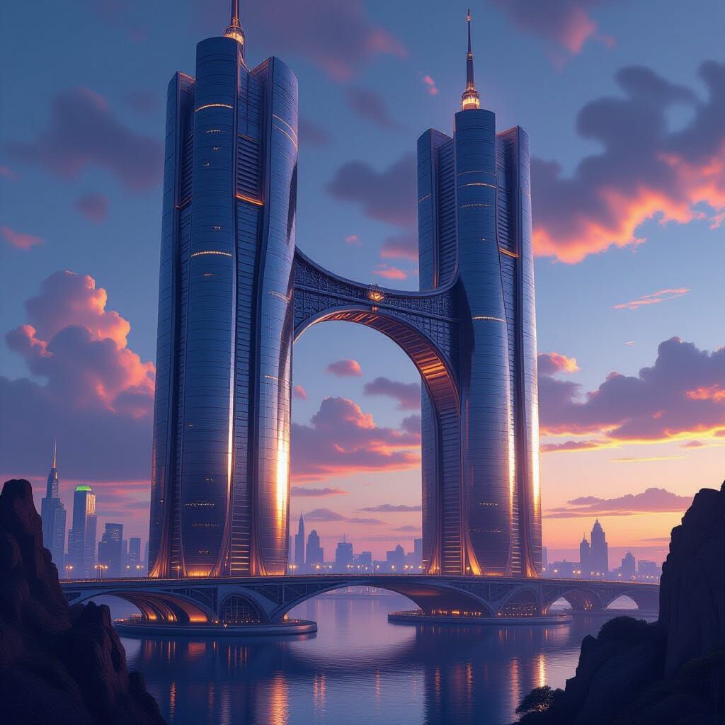 Colossal H-Shaped Skyscrapers Connected by Arching Bridge
