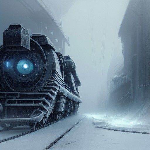 Futuristic Steam Train and Mammoth in Icy Wasteland