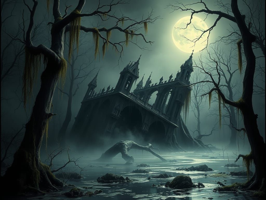 Ominous Ruined Temple in Misty Swamp