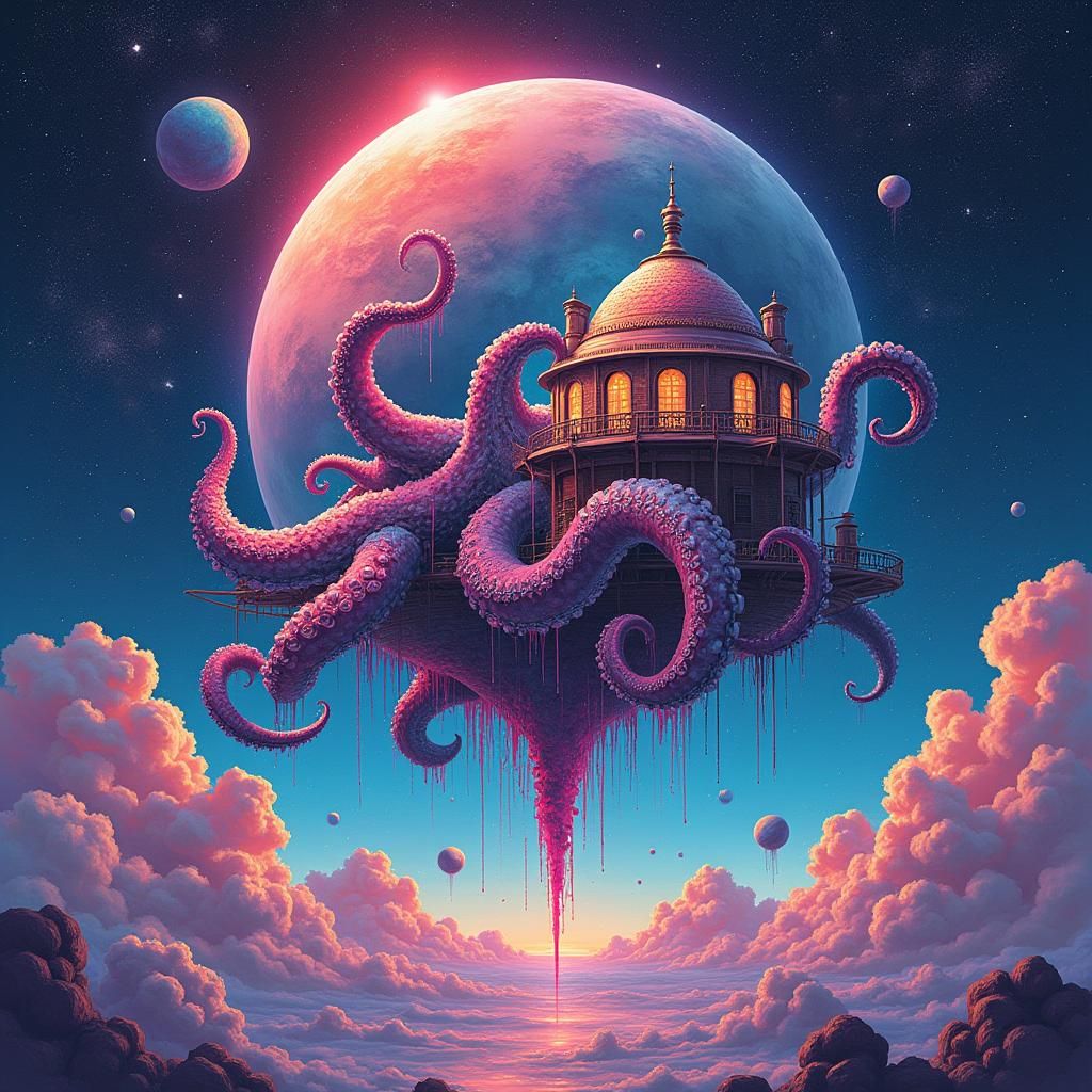 Octopus House Floating in Iridescent Cosmic Graffiti Style