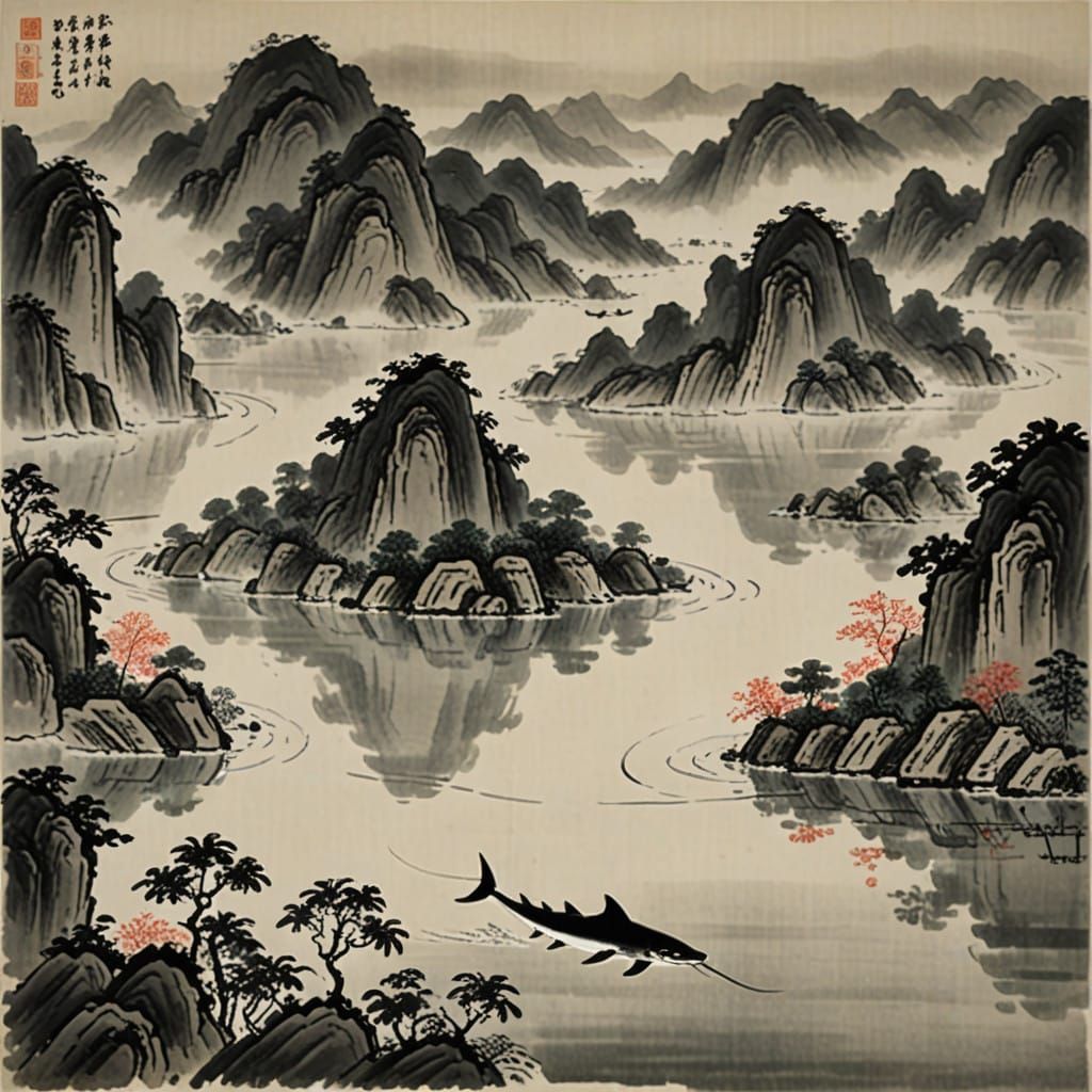 Majestic Chinese Paddlefish in Traditional Watercolor Style