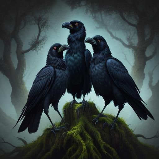 Mystic Three-Headed Crow: Surreal Digital Art