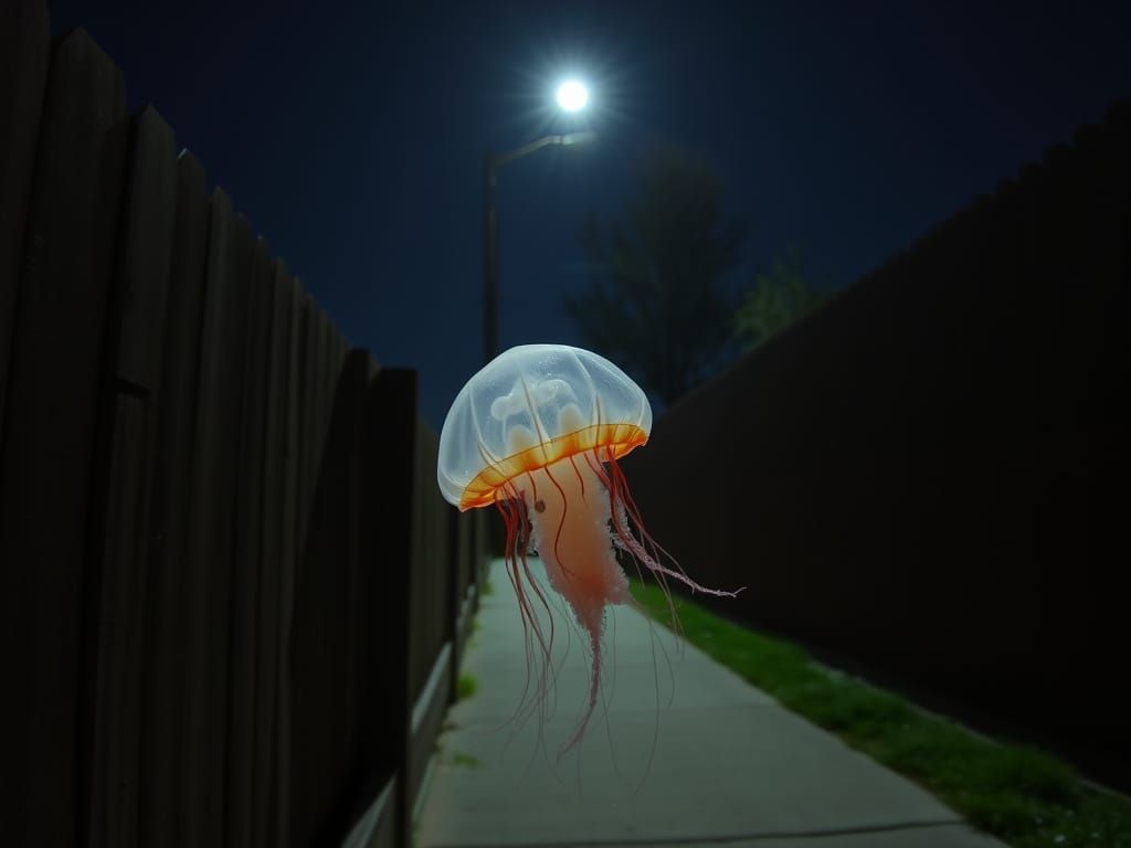 Jellyfish Floating Under Moonlight Over Sidewalk