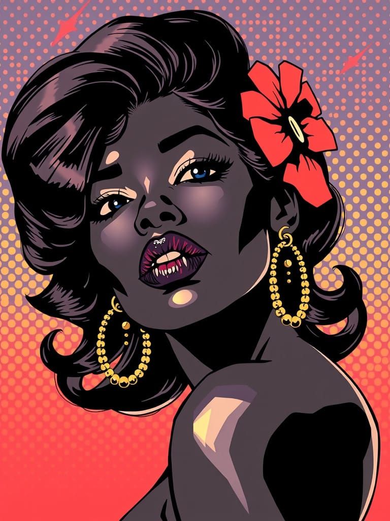 Pop Art Black Woman in Comic Vintage Dots Style